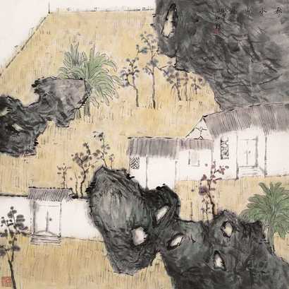 何加林 秋水山庄图 镜心